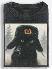 Cold-Eyed Retro Soviet Black Cat Armed in a Raging Blizzard Vintage Washed T-Shirt