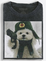 Darkly Humorous Retro Soviet Dog Armed in the Winter Snow Vintage Washed T-Shirt