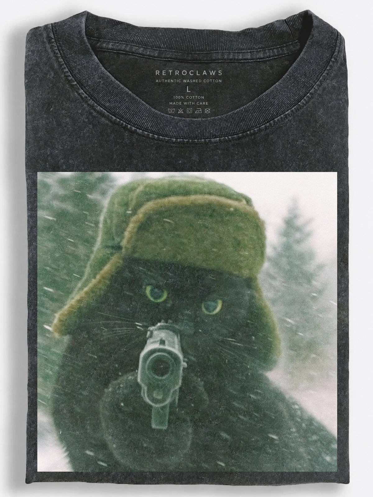 Gritty Black Soviet Cat Aiming a Pistol Through the Snowstorm Vintage Washed T-Shirt