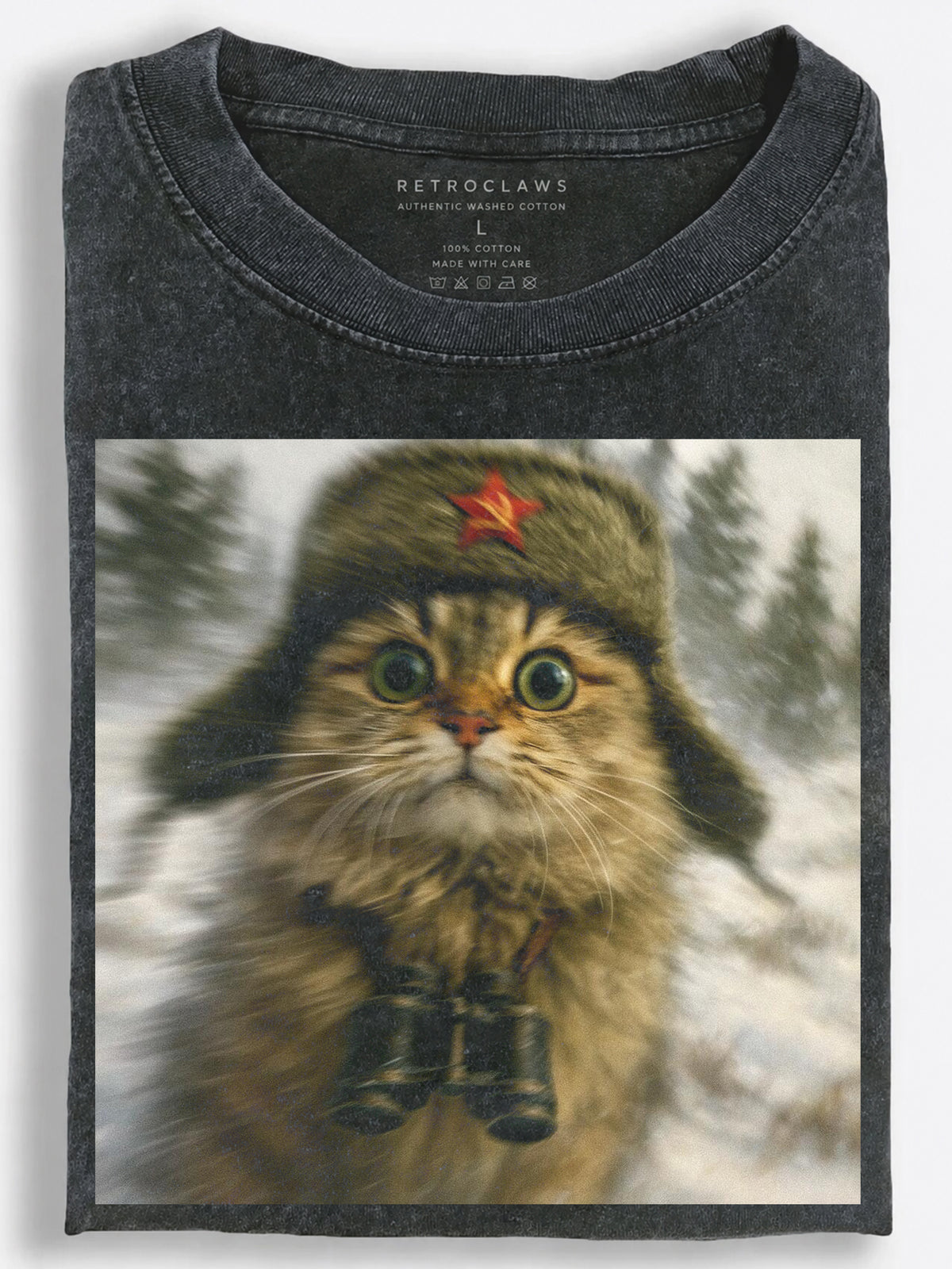 Wide-Eyed Retro Soviet Scout Cat with Binoculars in the Snow Vintage Washed T-Shirt