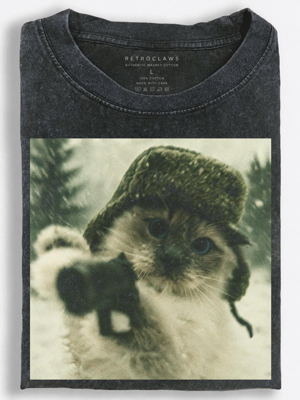 Gritty Retro Slavic Fighter Cat Throwing a Punch in the Snow Vintage Washed T-Shirt