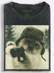 Gritty Retro Slavic Fighter Cat Throwing a Punch in the Snow Vintage Washed T-Shirt