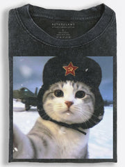 Wide-Eyed Retro Soviet Cat Guarding a Snowy Airfield Vintage Washed T-Shirt
