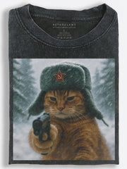 Gritty Soviet Winter Cat Aiming a Pistol in the Snowstorm Vintage Washed T-Shirt