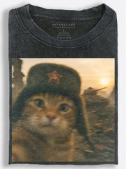 Cinematic Retro Soviet Cat Taking a Sunset Selfie with a Tank Vintage Washed T-Shirt