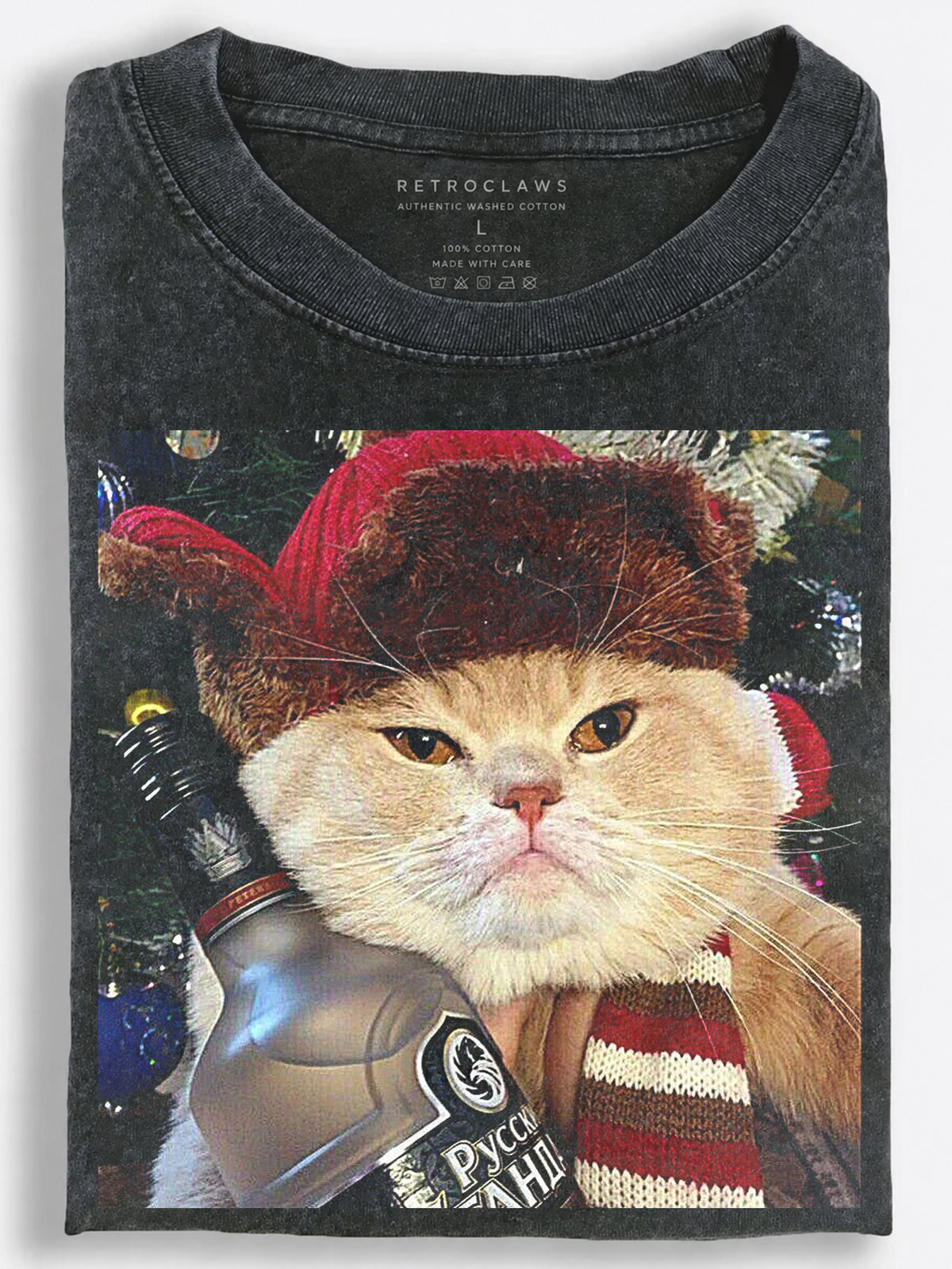 Grumpy Retro Slavic Christmas Cat Holding a Bottle of Vodka Vintage Washed T-Shirt