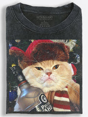 Grumpy Retro Slavic Christmas Cat Holding a Bottle of Vodka Vintage Washed T-Shirt
