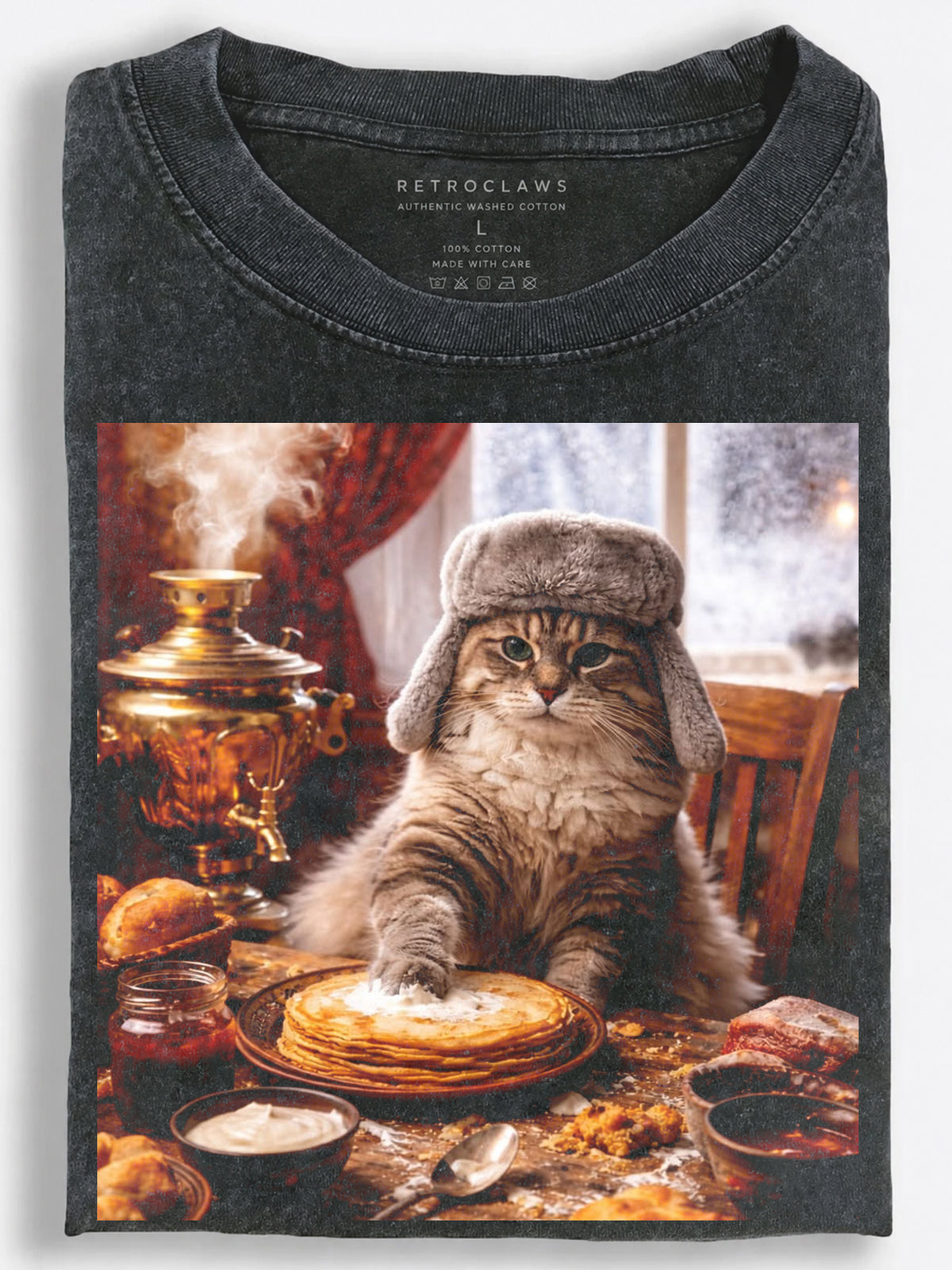 Cozy Slavic Kitchen Cat Feasting on Pancakes by the Samovar Vintage Washed T-Shirt