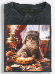 Cozy Slavic Kitchen Cat Feasting on Pancakes by the Samovar Vintage Washed T-Shirt