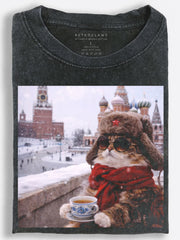 Chic Slavic Winter Cat Sipping Tea in Snowy Moscow Vintage Washed T-Shirt