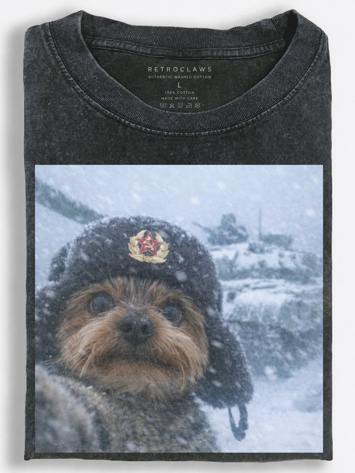 Cinematic Soviet-Era Military Dog Enduring a Frozen Battlefield Vintage Washed T-Shirt