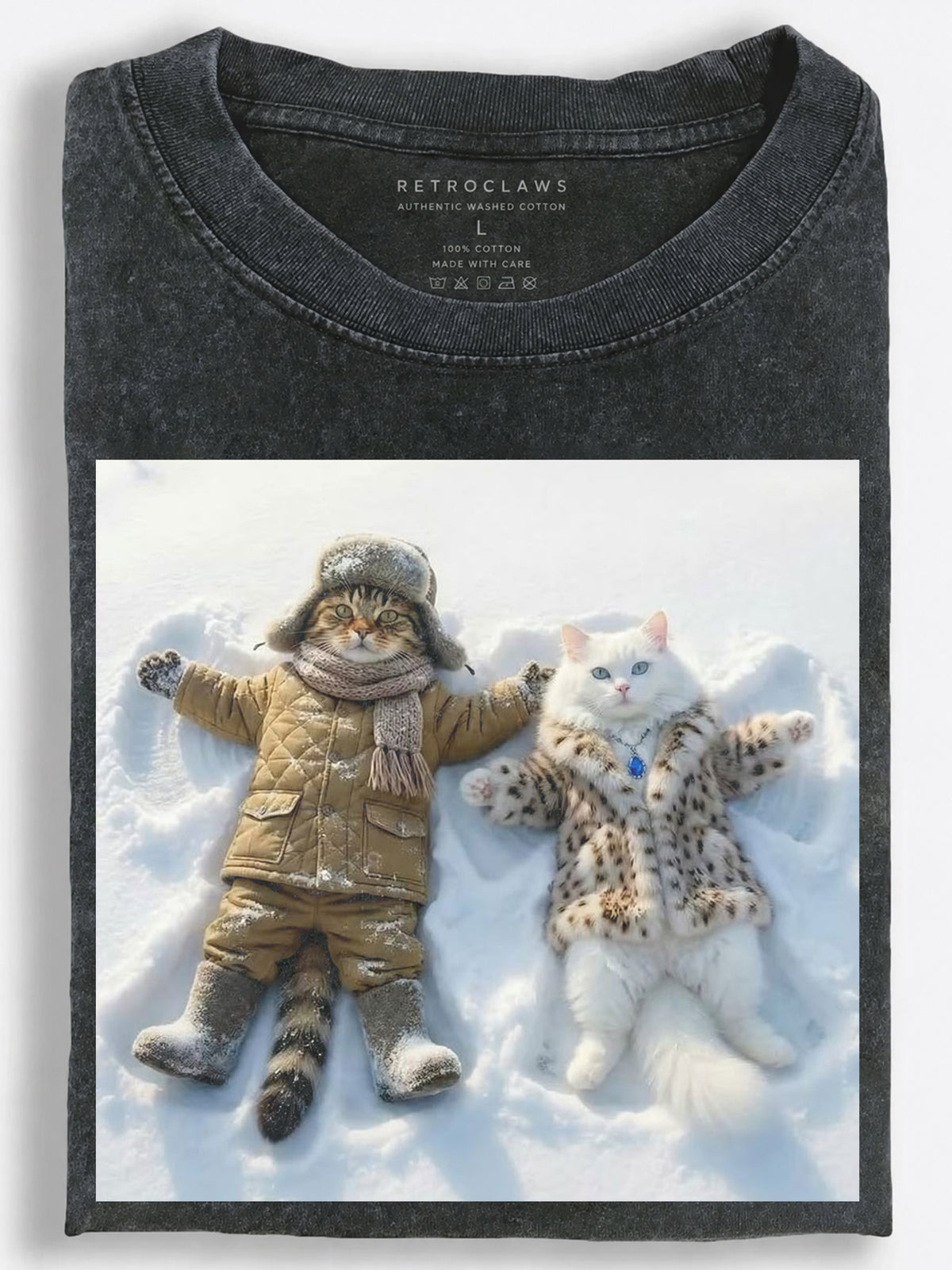 Whimsical Slavic Cat Couple Making Snow Angels in Winter Vintage Washed T-Shirt