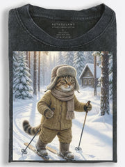 Nostalgic Slavic Village Cat Skiing Through a Snowy Forest Vintage Washed T-Shirt