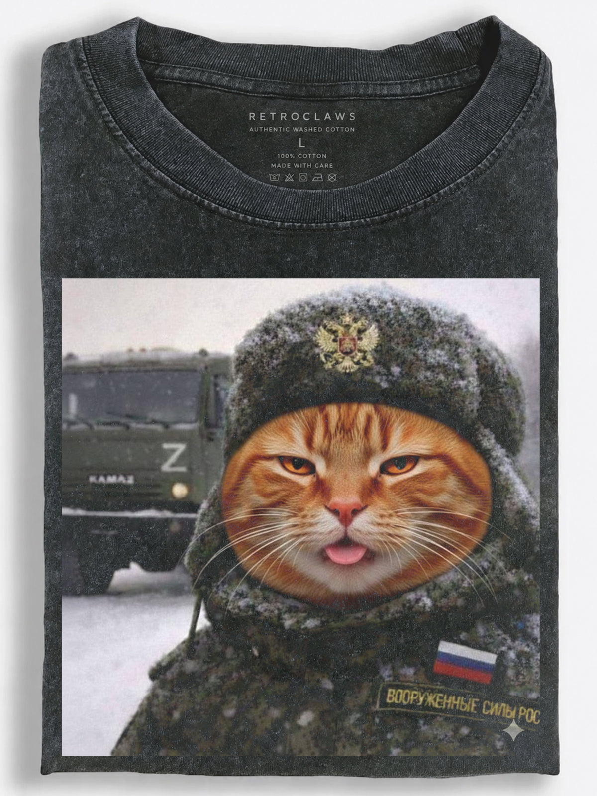 Gritty Slavic Military Cat Braving the Winter Snow Vintage Washed T-Shirt