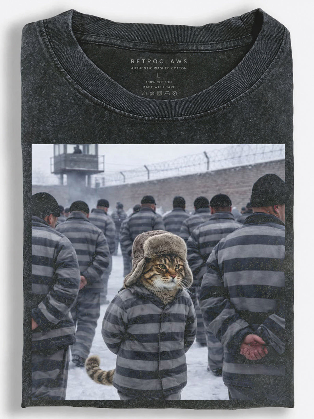 Darkly Humorous Retro Prison Cat Marching Through the Snow Vintage Washed T-Shirt