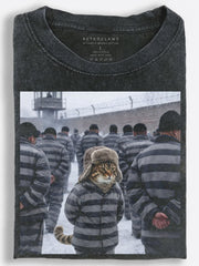 Darkly Humorous Retro Prison Cat Marching Through the Snow Vintage Washed T-Shirt