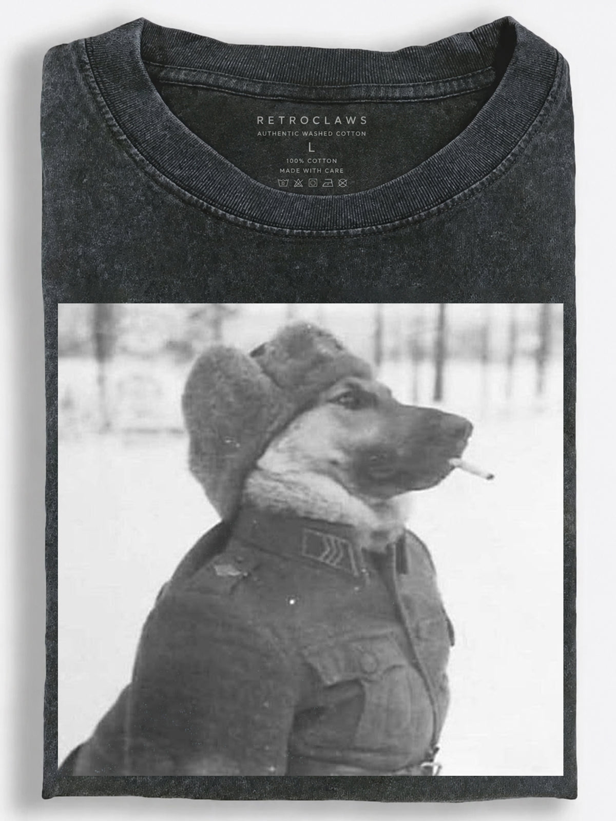 Gritty Black-and-White Soviet-Style Dog Smoking in the Snow Vintage Washed T-Shirt