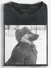 Gritty Black-and-White Soviet-Style Dog Smoking in the Snow Vintage Washed T-Shirt