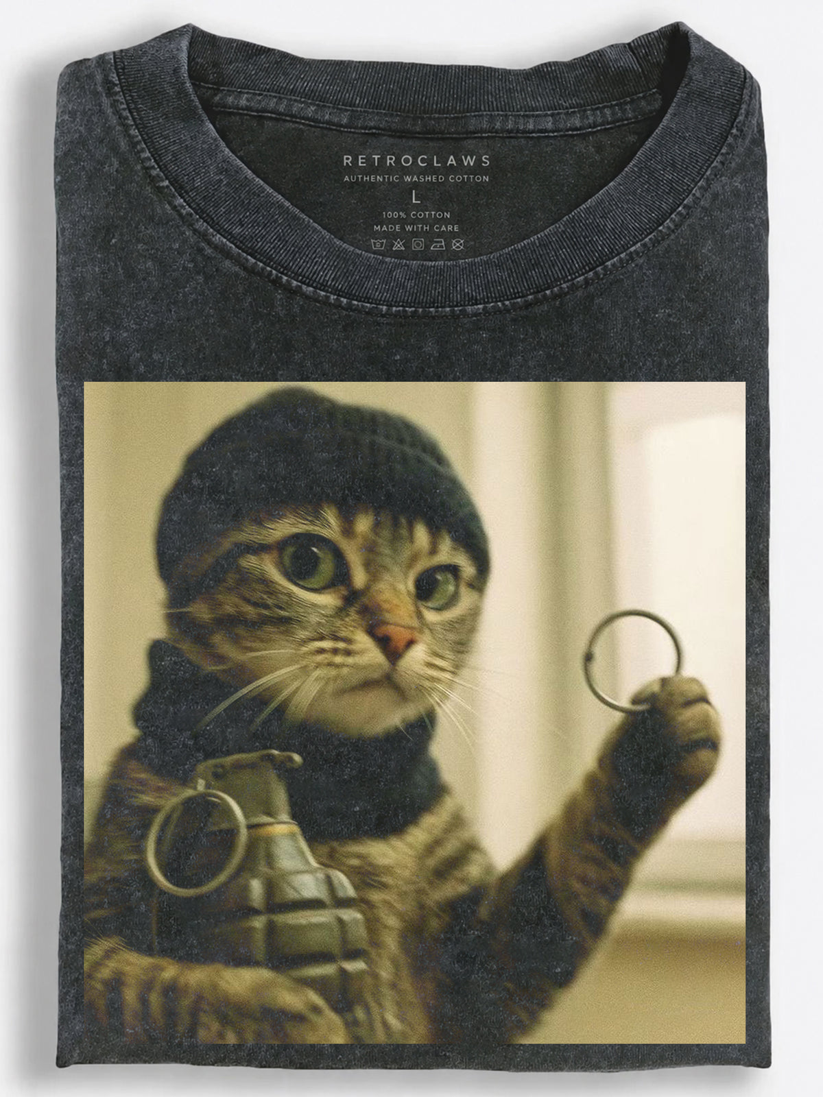 Chaotic Retro Commando Cat Armed with Grenades Vintage Washed T-Shirt