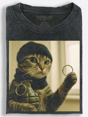 Chaotic Retro Commando Cat Armed with Grenades Vintage Washed T-Shirt