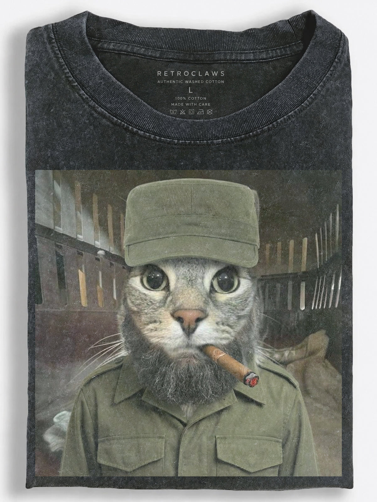 Gritty Retro Barracks Cat with a Beard and Cigar Vintage Washed T-Shirt