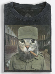 Gritty Retro Barracks Cat with a Beard and Cigar Vintage Washed T-Shirt