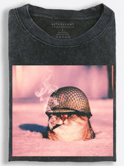 Gritty Retro Soldier Cat Smoking in a Pink-Hued Battlefield Vintage Washed T-Shirt