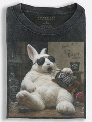 Rebellious Retro Rabbit??£¤s Whiskey-Fueled ???Fuck It??¨¤ Night Vintage Washed T-Shirt