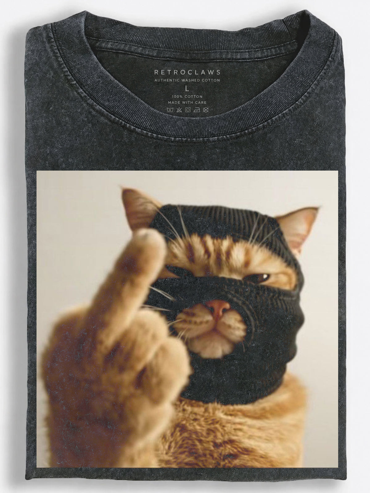 Rebellious Streetwear Cat in a Balaclava Flipping You Off Vintage Washed T-Shirt