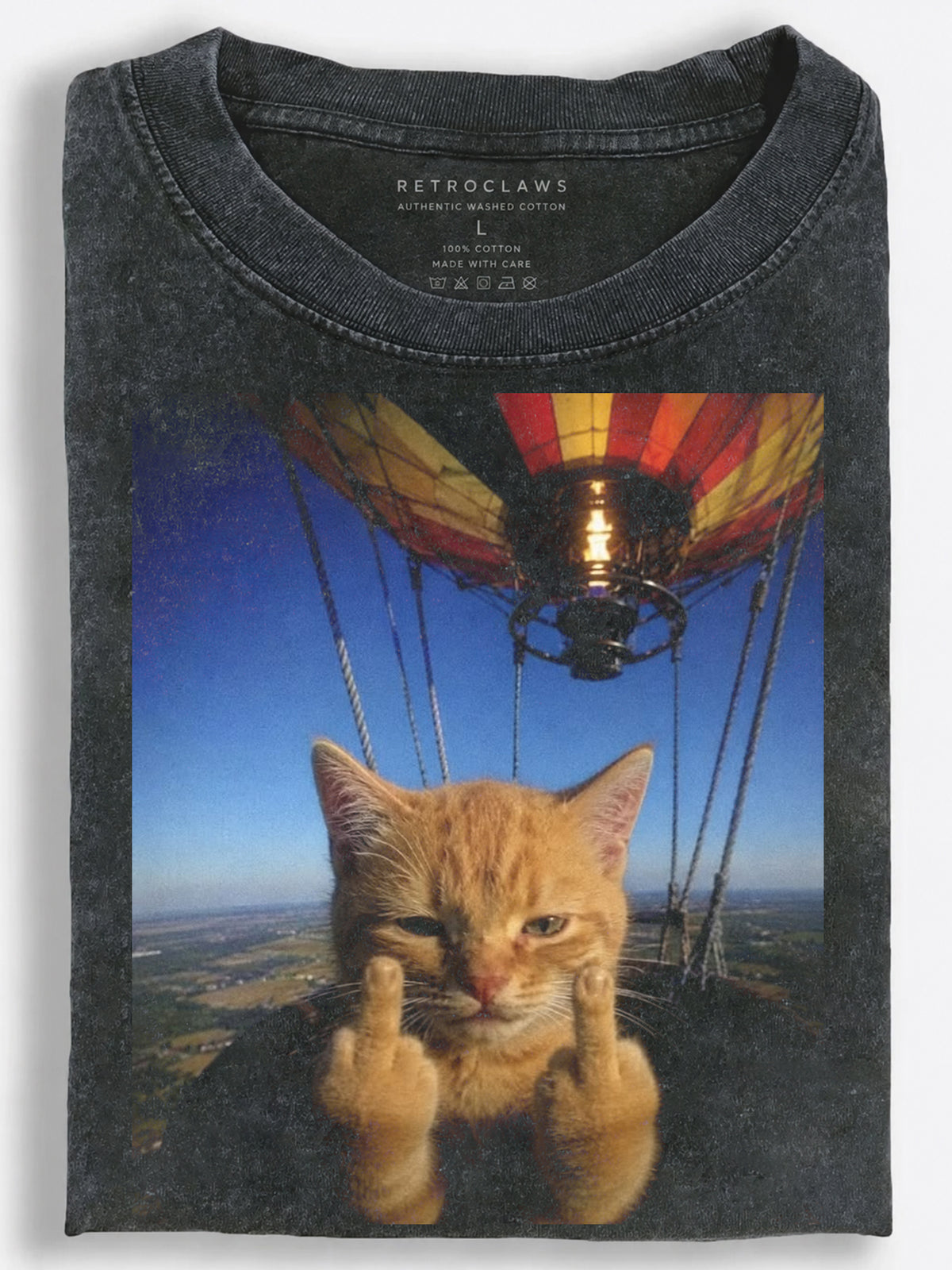 Rebellious Retro Orange Cat??£¤s Double Middle-Finger Balloon Ride Vintage Washed T-Shirt