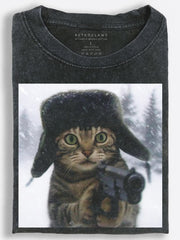 Wide-Eyed Retro Slavic Cat??£¤s Snowstorm Photography Mission Vintage Washed T-Shirt