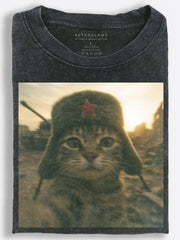 Wide-Eyed Retro Slavic Tank Cat on Sunset Patrol Vintage Washed T-Shirt