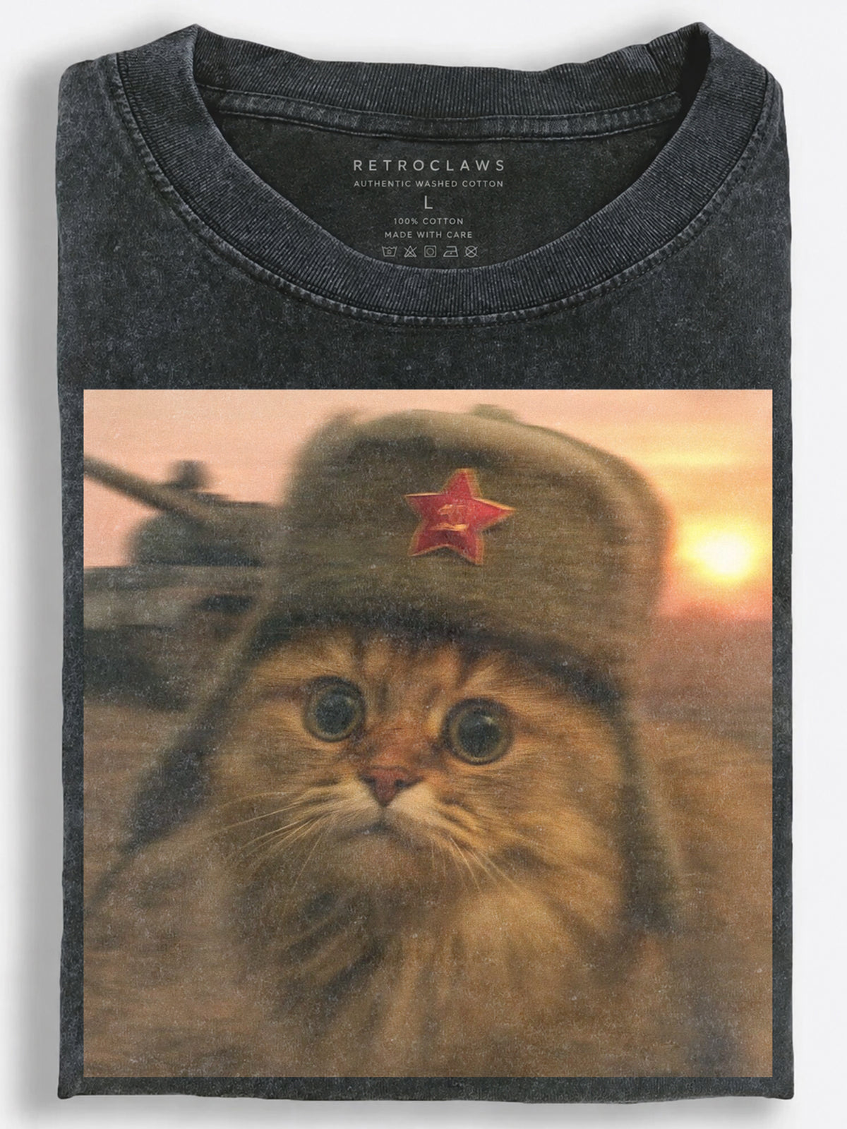 Bewildered Retro Slavic Cat Riding a Tank into the Sunset Vintage Washed T-Shirt