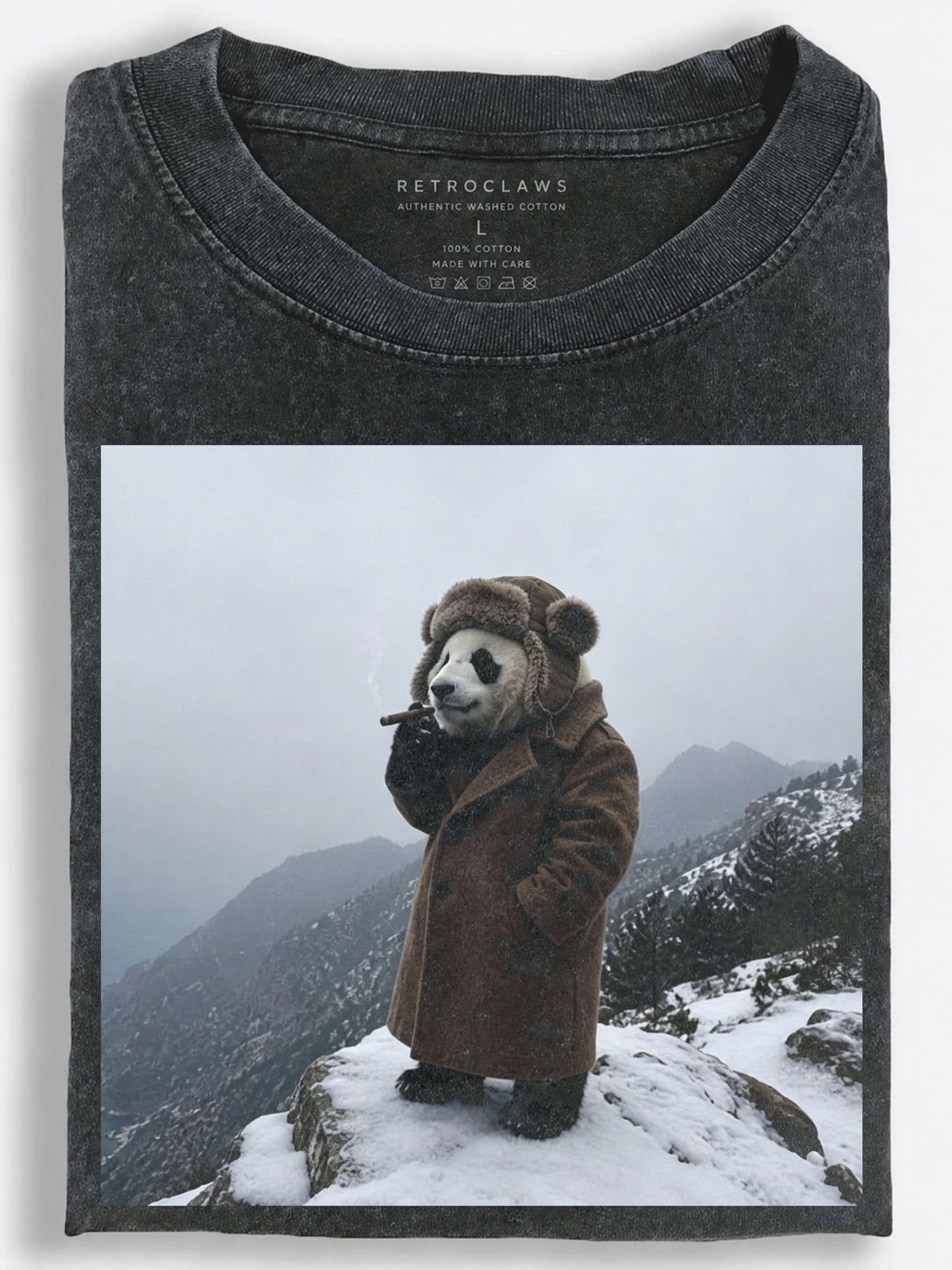 Stoic Retro Slavic Panda Smoking a Cigar on a Snowy Mountain Vintage Washed T-Shirt