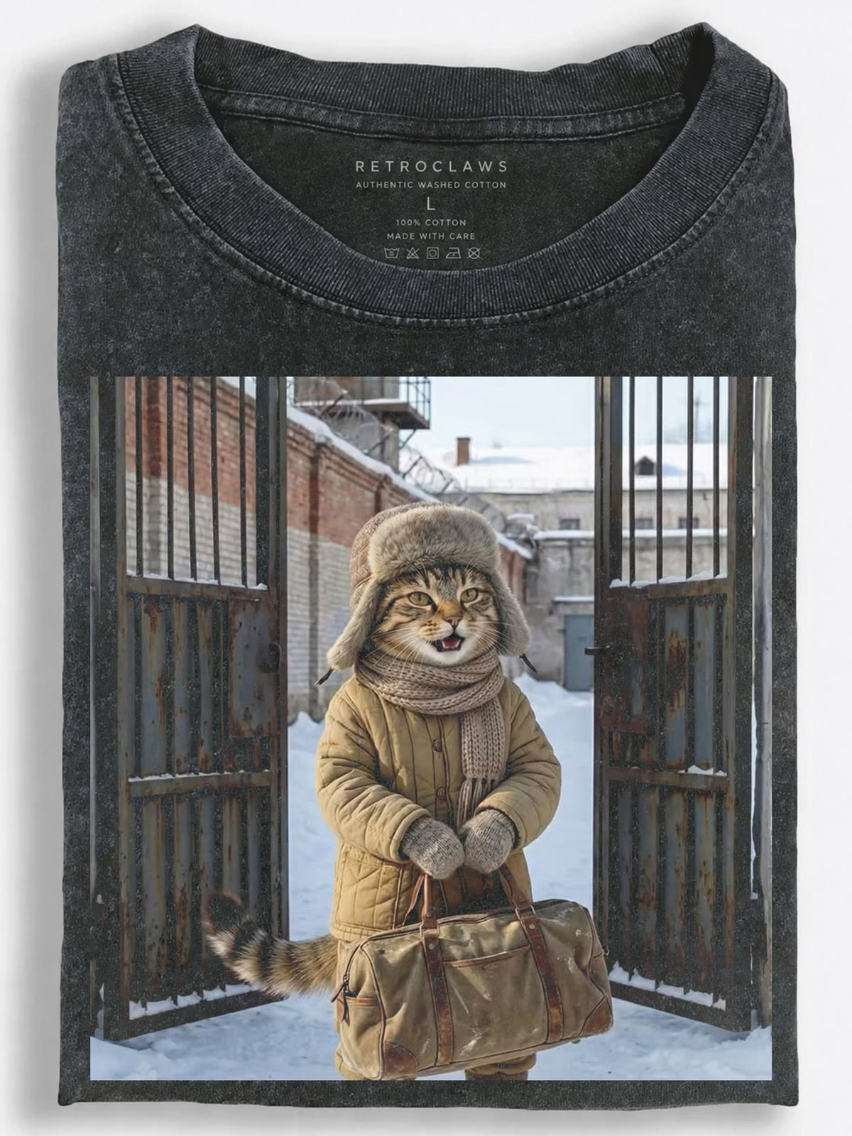 Retro Slavic Cat Leaving Prison with His Duffle Bag Vintage Washed T-Shirt