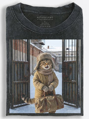 Retro Slavic Cat Leaving Prison with His Duffle Bag Vintage Washed T-Shirt