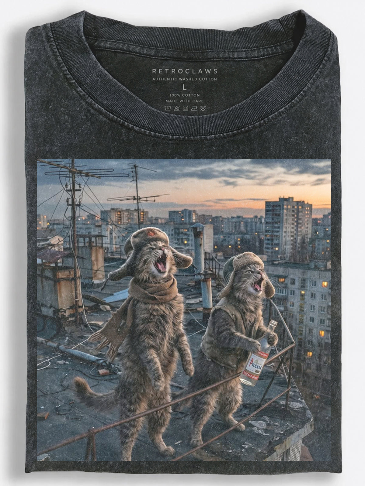 Chaotic Retro Slavic Cats Howling with Vodka on a Rooftop Vintage Washed T-Shirt