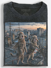 Chaotic Retro Slavic Cats Howling with Vodka on a Rooftop Vintage Washed T-Shirt