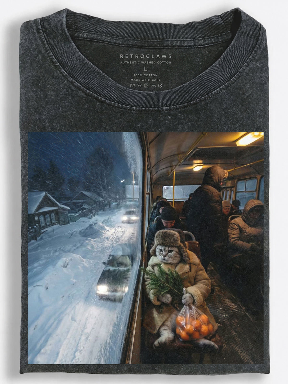 Vintage Slavic Cat Riding Home with Tangerines on a Snowy Night Vintage Washed T-Shirt