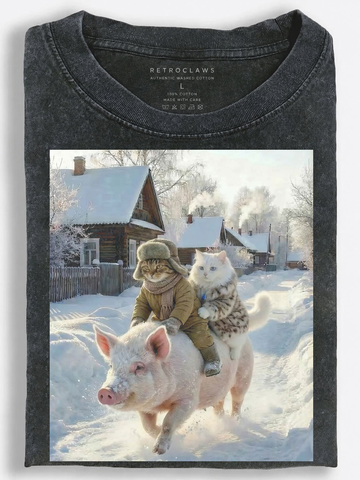 Absurd Retro Slavic Cats Riding a Pig Through a Snowy Village Vintage Washed T-Shirt