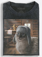 Bewildered Vintage Slavic Cat in a Rustic Log Cabin Vintage Washed T-Shirt