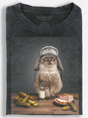 Deadpan Retro Slavic Cat??£¤s Vodka, Pickles and Bacon Feast Vintage Washed T-Shirt