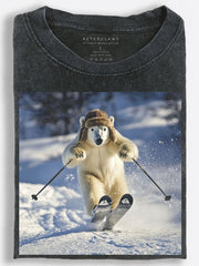 Retro Slavic Polar Bear Charging Down the Ski Slopes Vintage Washed T-Shirt