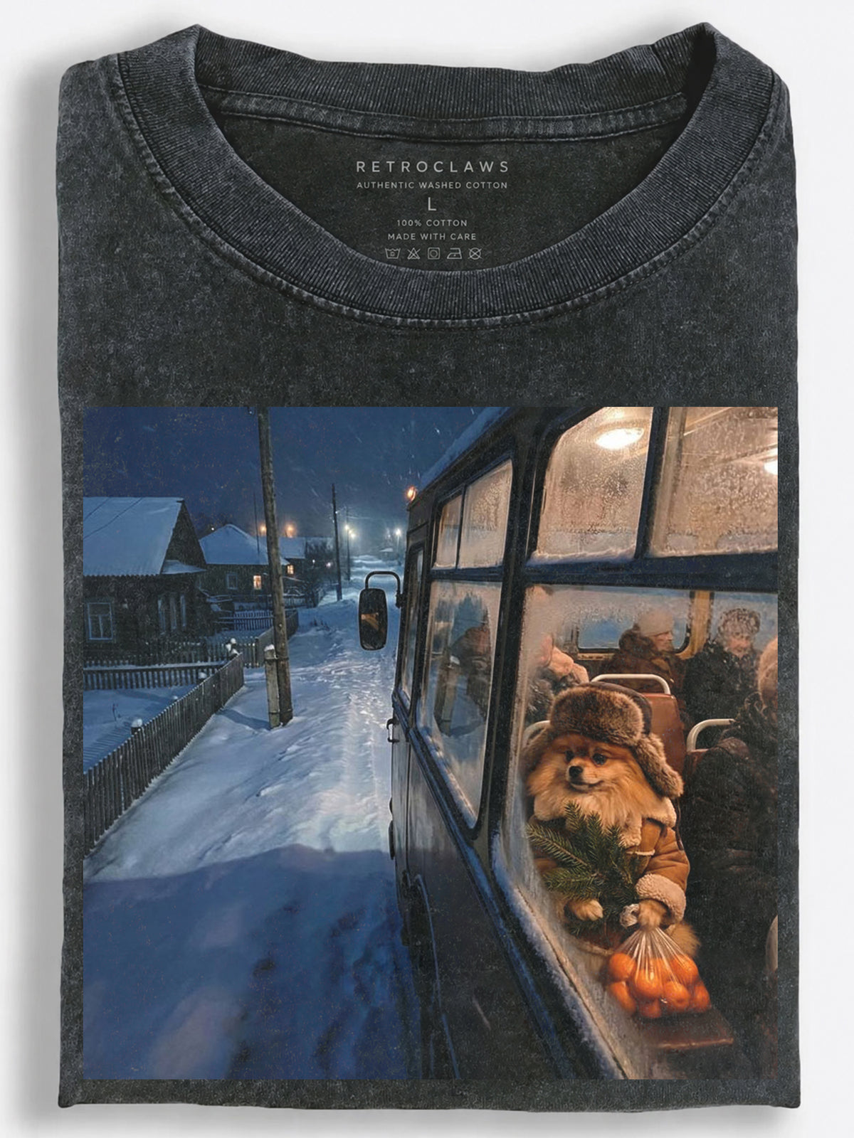 Vintage Slavic Dog Riding Home with Tangerines on New Year??£¤s Eve Vintage Washed T-Shirt