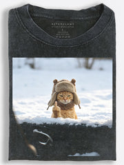 Defiant Retro Slavic Cat??£¤s Snowy Middle-Finger Salute Vintage Washed T-Shirt