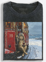 Vintage Slavic Cat Enjoying Tea on a Snowy Tram Ride Vintage Washed T-Shirt