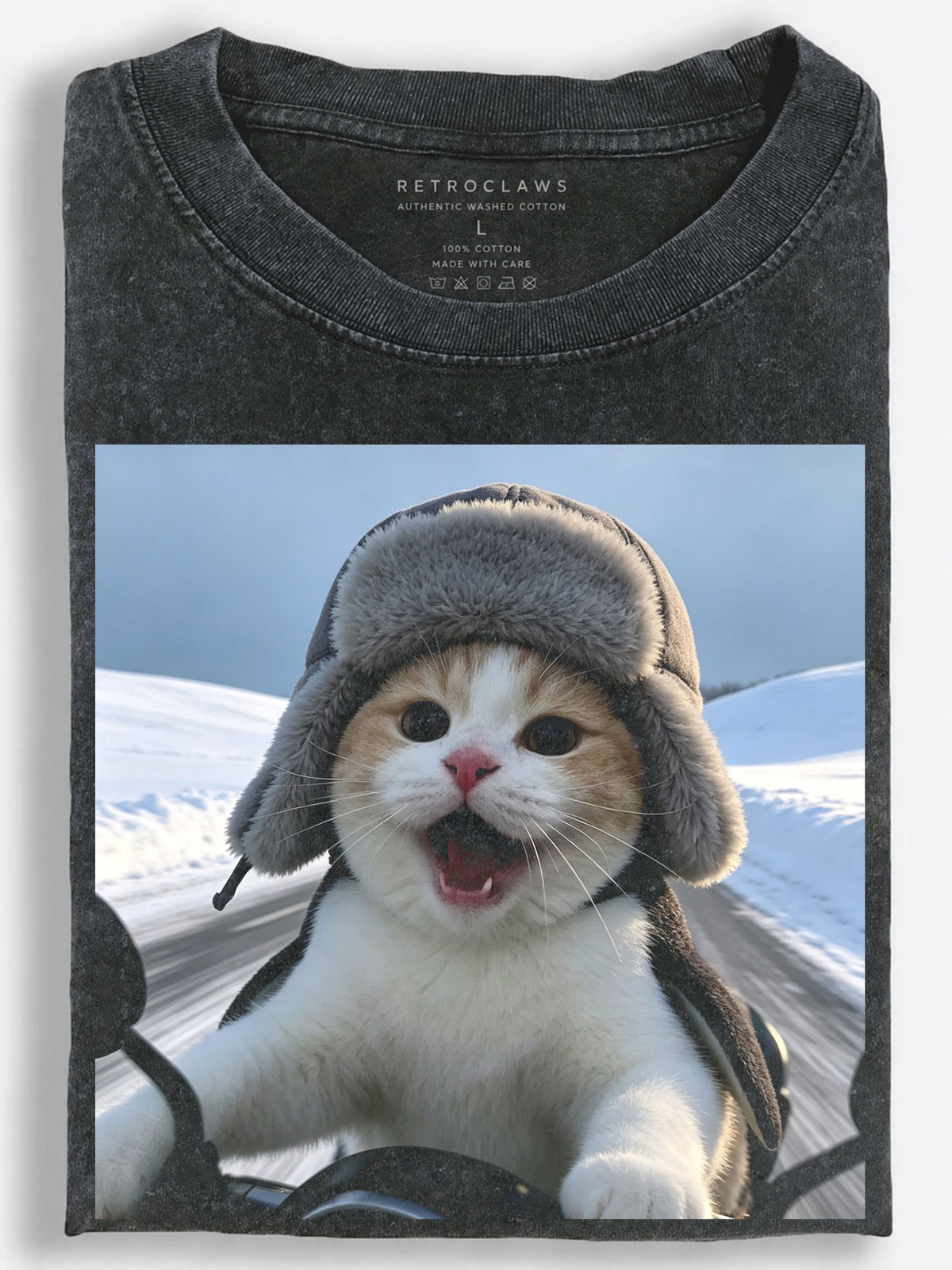 Thrilled Retro Slavic Cat??£¤s Snowy Motorcycle Road Trip Vintage Washed T-Shirt