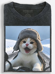 Thrilled Retro Slavic Cat??£¤s Snowy Motorcycle Road Trip Vintage Washed T-Shirt