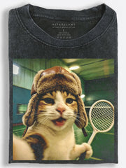 Retro Slavic Tennis Cat Ready to Serve Vintage Washed T-Shirt