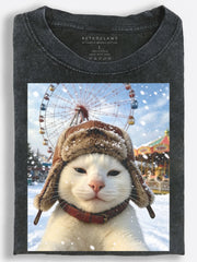 Unimpressed Retro Slavic Cat??£¤s Snowy Ferris Wheel Day Vintage Washed T-Shirt